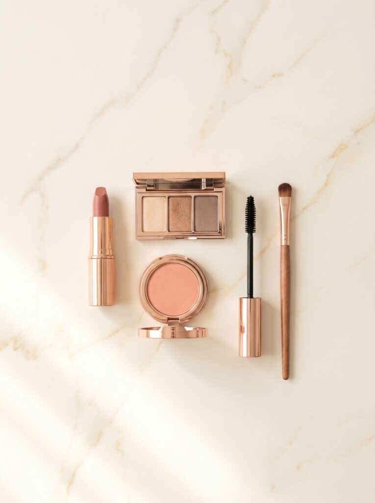 soft glam makeup flat lay with neutral eyeshadow palette and rose lip products