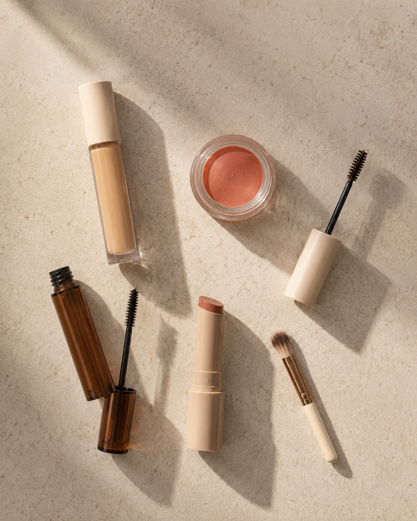 Overhead flatlay, six makeup products arranged with generous
negative space on a warm stone surface — concealer tube, cream
blush pot, brow gel, mascara, tinted lip balm, small brush.
Unbranded, neutral packaging in cream, amber and soft brown.
Natural side light casting long soft shadows. Muted editorial
colour grade, warm beige tones. Kinfolk styling, nothing crowded.