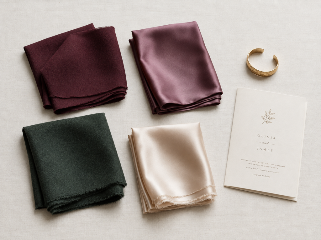 Crepe, satin, wool and silk swatches in wedding guest dress code colours