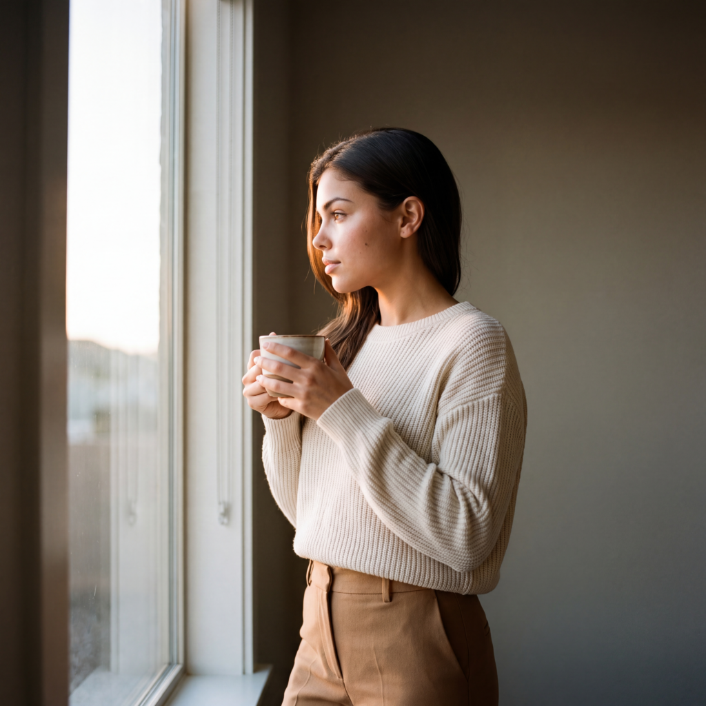 Six neutral makeup products arranged on a warm stone surface
Close-up of dewy skin texture with cream blush blended seamlessly
Cream blush applied with a fingertip at a wooden vanity
Woman at a window in soft morning light holding coffee