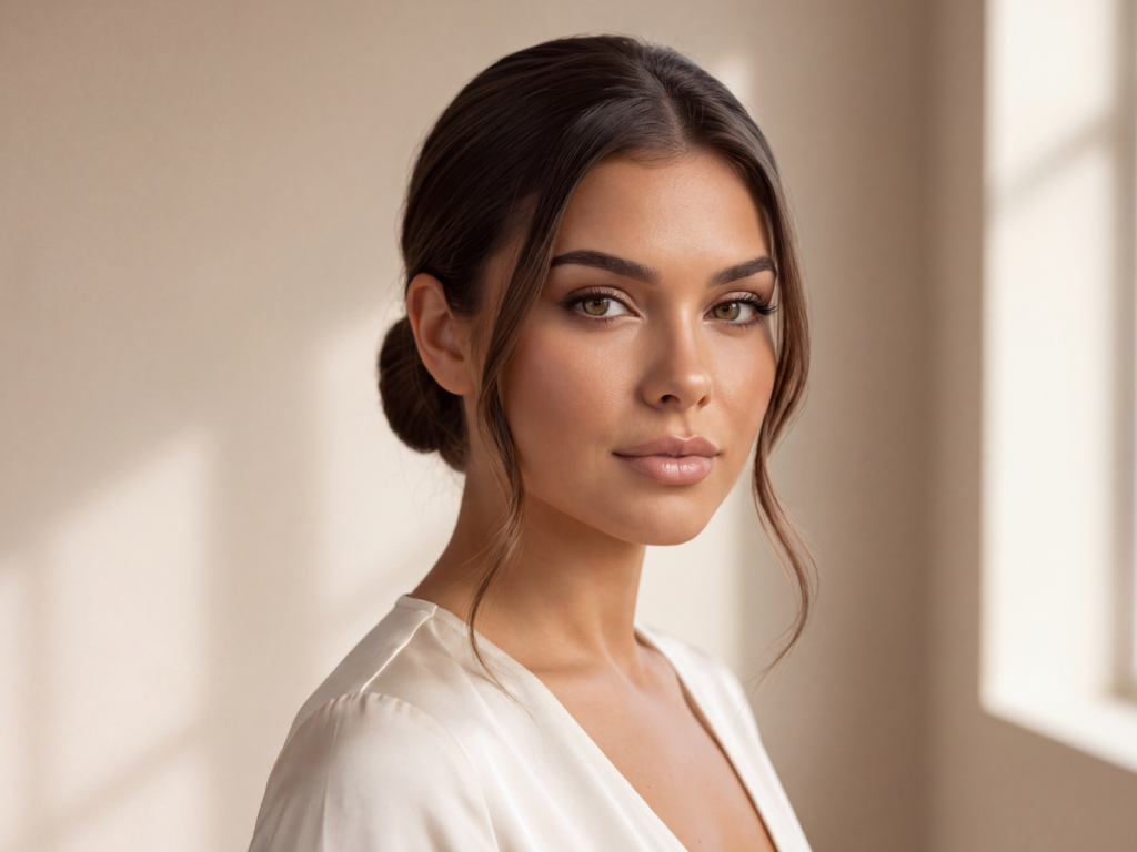 Elina’s Edit Elina Marin with luminous soft-glam complexion makeup and a sleek low bun
