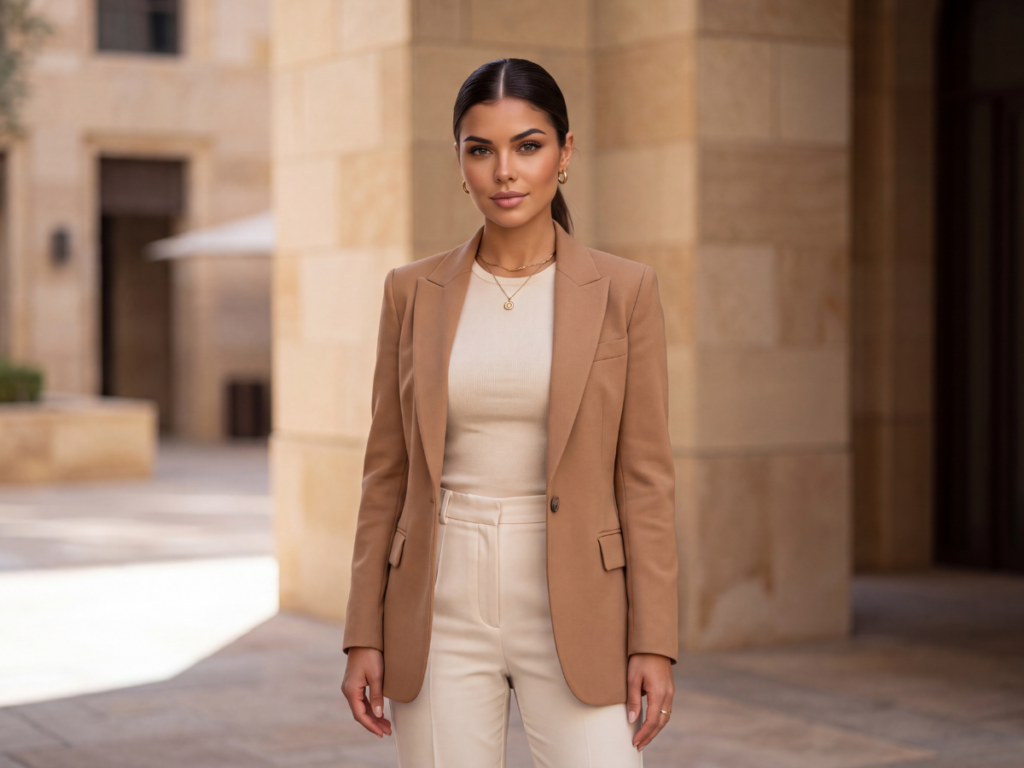 Elina’s Edit Elina Marin wearing a camel blazer and ivory trousers with a sleek low ponytail