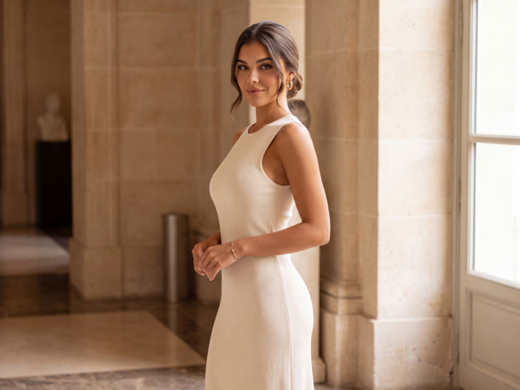 Elina’s Edit Elina Marin in a cream sleeveless midi dress with a soft low bun in an elegant European interior