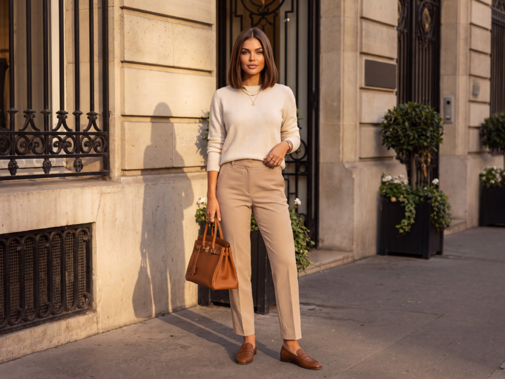Elina’s Edit Elina Marin in a neutral outfit carrying a structured brown handbag with polished loafers and minimal jewelry
