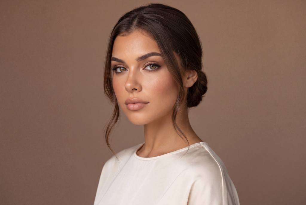 Elina Marin Style Close-up portrait of Elina Marin with soft glam makeup and softly waved hair