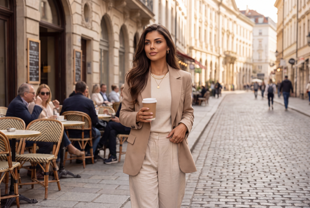 Elina Marin Style Elina Marin walking through a European city street in a neutral tailored outfit