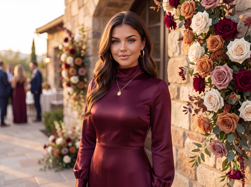 Elina Marin wearing a burgundy satin dress as an elegant fall wedding guest
