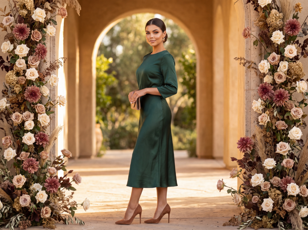 What to Wear to a Fall Wedding: Elegant Guest Outfit Ideas Elina Marin wearing an emerald green satin midi dress at an elegant fall wedding venue