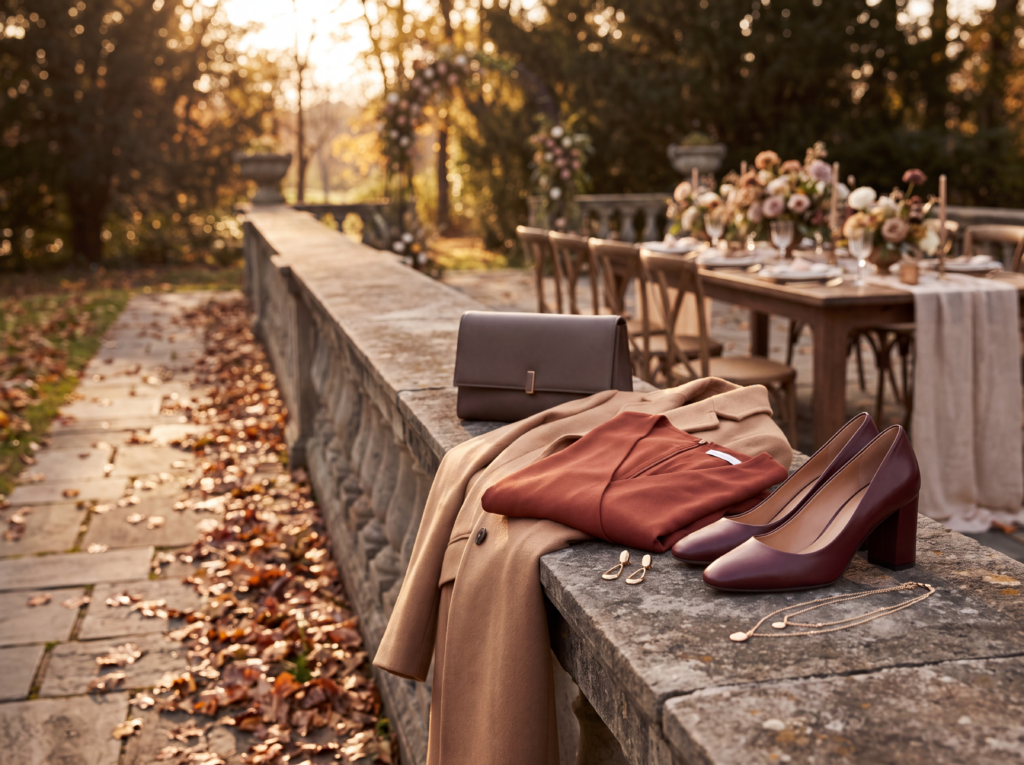What to Wear to a Fall Wedding: Elegant Guest Outfit Ideas Fall wedding guest accessories with block heels, tailored coat, and structured clutch