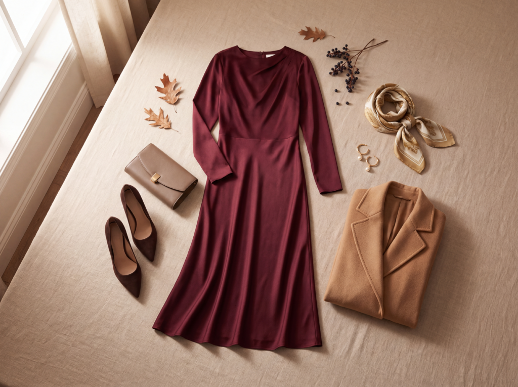 What to Wear to a Fall Wedding: Elegant Guest Outfit Ideas Flat lay of a fall wedding guest outfit with burgundy dress, camel coat, heels, clutch, and gold accessories