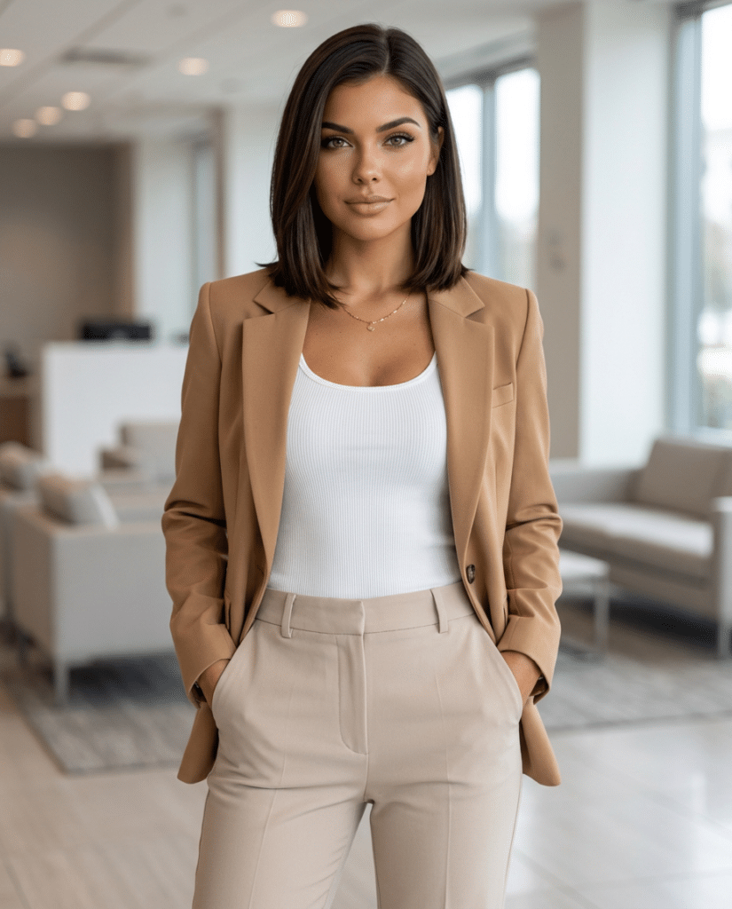 Woman wearing a camel blazer with neutral tailored trousers