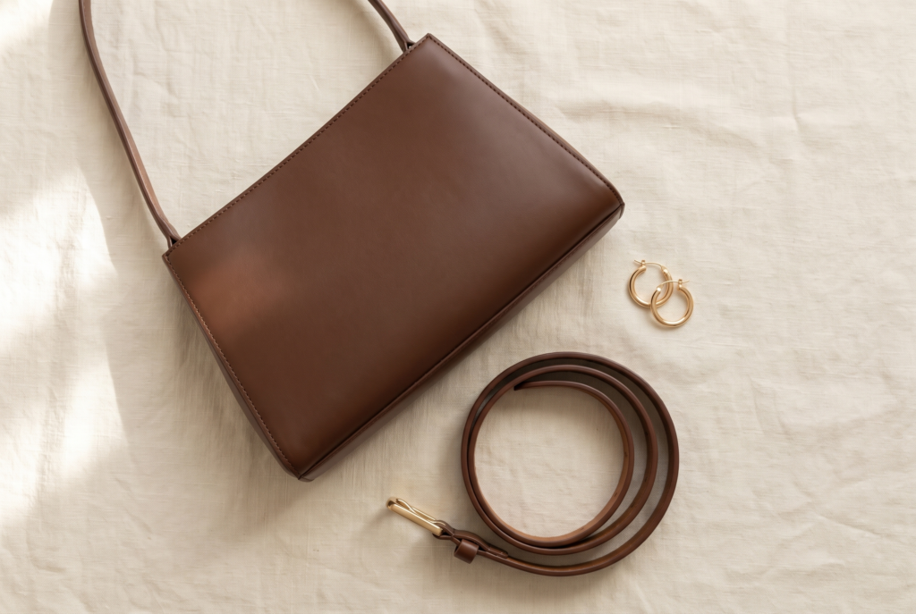 Structured chocolate-brown handbag, brown belt and small gold-tone earrings on cream linen