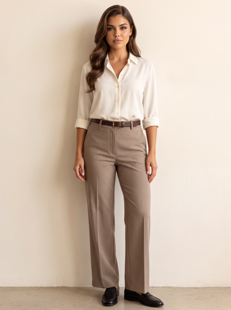 Elina wearing an ivory shirt tucked into taupe wide-leg trousers with black loafers