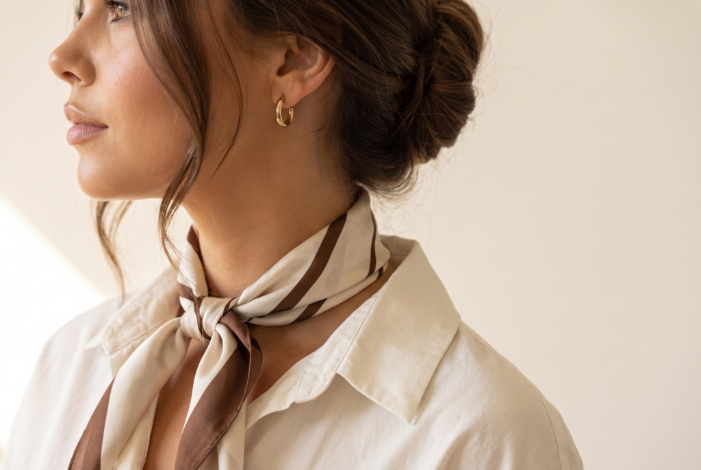 Cream-and-brown scarf loosely tied over an ivory shirt beside a small gold-tone hoop earring