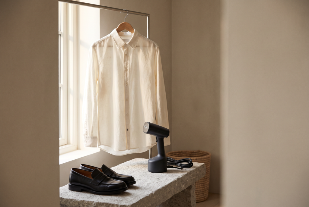 Ivory shirt on a hanger beside clean black loafers and an unplugged handheld garment steamer